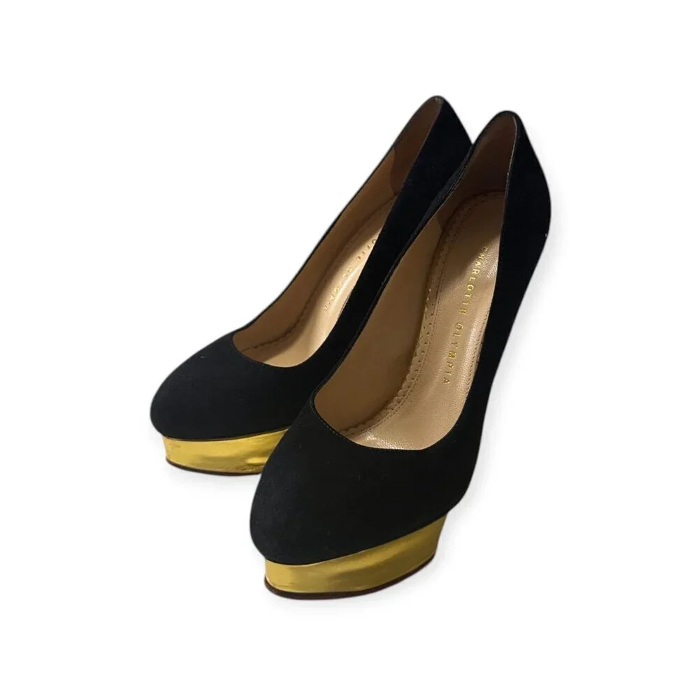 Charlotte Olympia Dolly Platform Pumps, Black Suede-Gold Leather, 38.5 EU